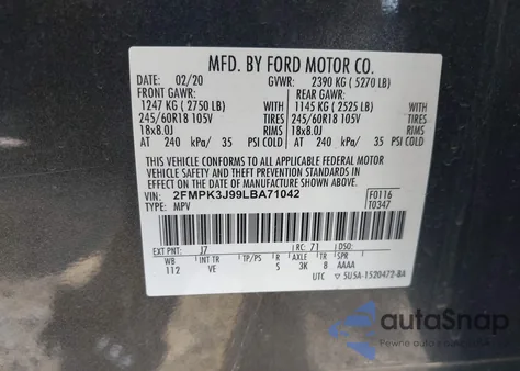 2020 Ford Edge Sel из США, поврежденный, VIN 2FMPK3J99LBA71042